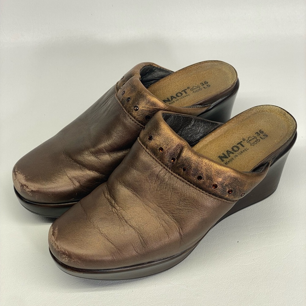 Naot Women  44n5s 36/ 5-5.5 Bronze Leather Block Wedge Slide Mules Shoes